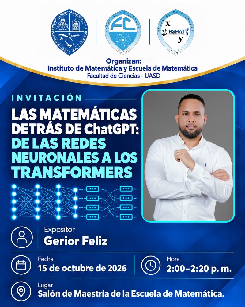 Flyer de la ponencia Las matemáticas detrás de ChatGPT, de Gerior Féliz