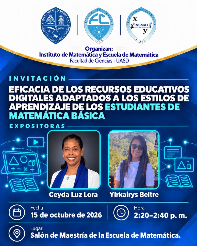 Flyer de la ponencia sobre recursos educativos digitales en Matemática Básica, de Ceyda Luz Lora y Yirkairys Beltré